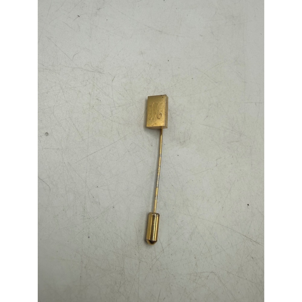 Vintage Gold Tone Stick Pin Engraved Script Initial M Rectangular Lapel Pin